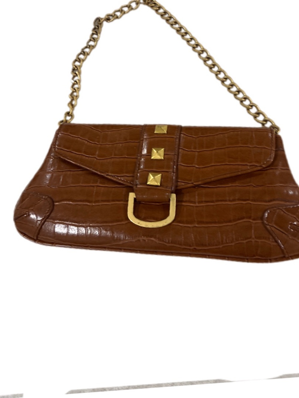 New York & Company Croc-Embossed Tan Shoulder Bag with Gold Chain